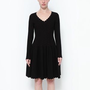 Alaïa Black Scalloped Long-Sleeve Skater Dress with Blue Detailing V-Neckline
